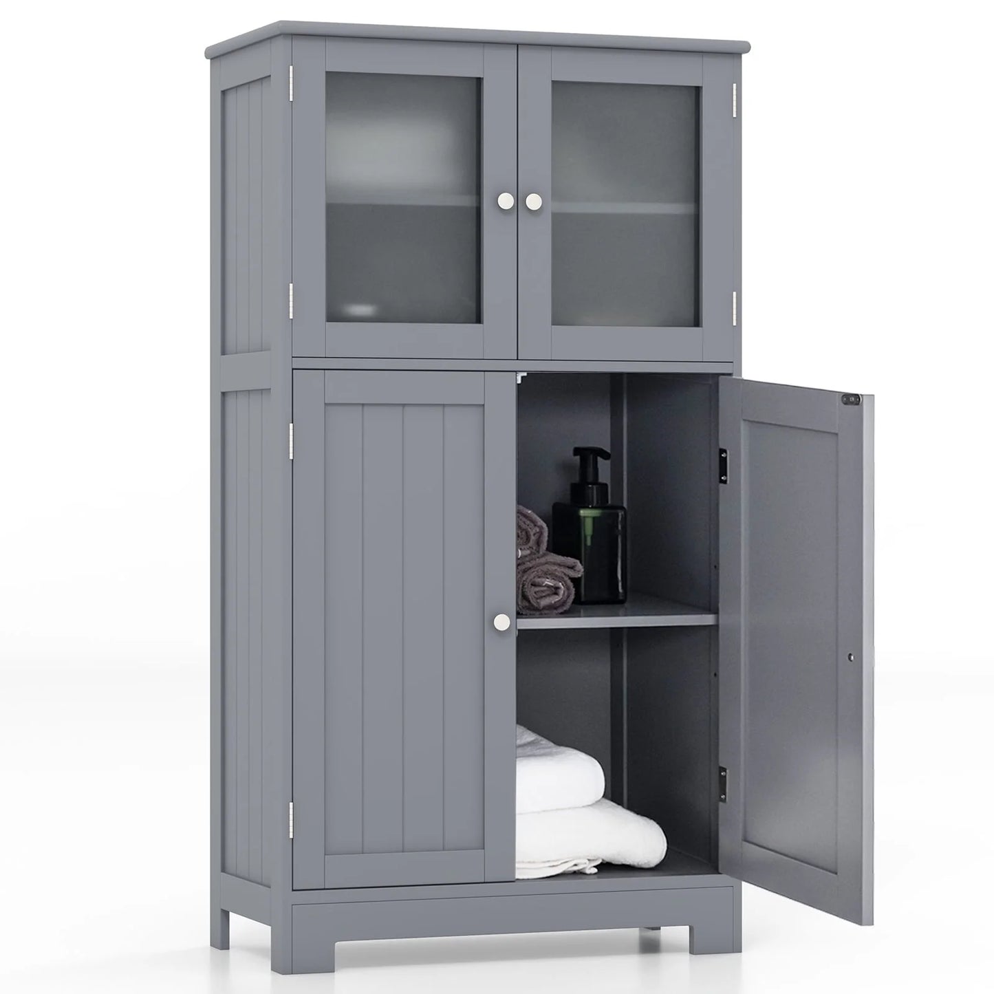 Topbuy Bathroom Storage Cabinet Freestanding Storage Cabinet w/4 Doors Wooden Kitchen Cupboard w/Adjustable Shelf