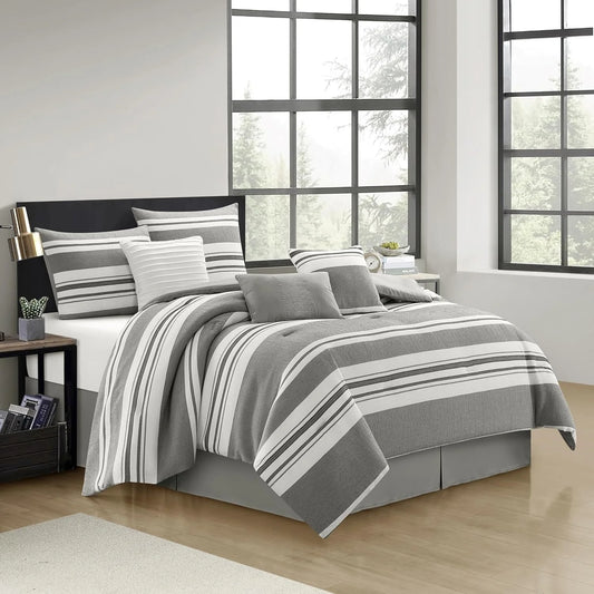 Grand Avenue White Grey Comforter Set California King Size, 7 Piece Geometric Jacquard Bedding Set, Matching Bedskirt, Pillows & Shams, Curtains