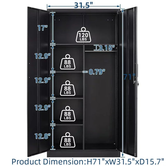 STANI Metal Locker Storage Cabinet, Employees Locker with Hanging Rod Bar, 71° F Black Tall Steel Wardrobe for Home, School, Office (Assembly Required)