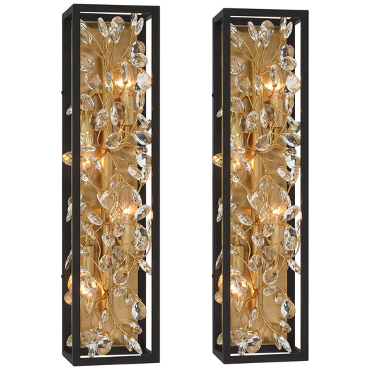 Possini Euro Design Modern Wall Lights Set of 2 Black Gold Plated Hardwired 6" 4-Light Fixture Clear Crystal Flower Vine for Bedroom Bathroom Vanity