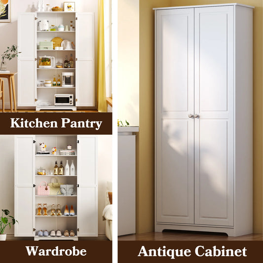 UBesGoo 72" Traditional Freestanding Kitchen Pantry Cabinet Wardrobe Armoire with 4 Adjustable Shelves, White