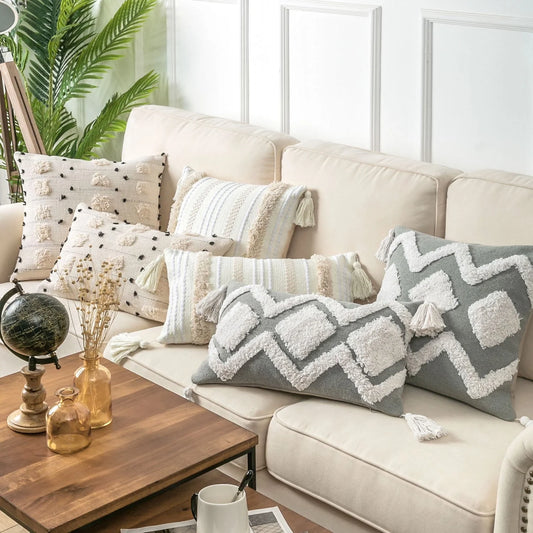 Phantoscope Boho Woven Tufted with Tassel Series Decorative Throw Pillow, 18" x 18", Cream White Stripe, 1 Pack