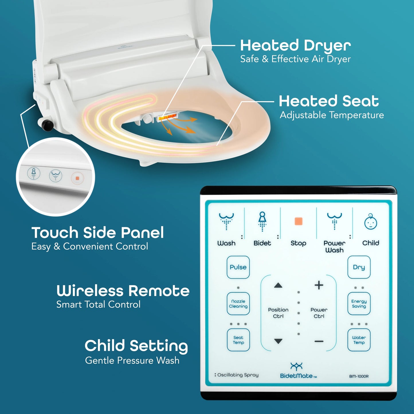 BidetMate 1000 Series Japanese Toilet Seat with Heated Bidet & Control Panel, Elongated