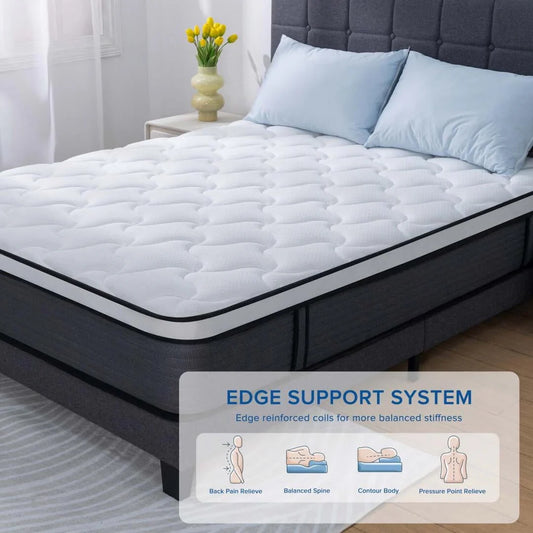 12'' Queen Hybrid Mattress, QUEEN ROSE Hybrid Firm Mattress in a Box with Gel Memory Foam, Individually Wrapped Pocket Coils Innerspring, Pressure-Relieving and Supportive, Mattress Queen Size