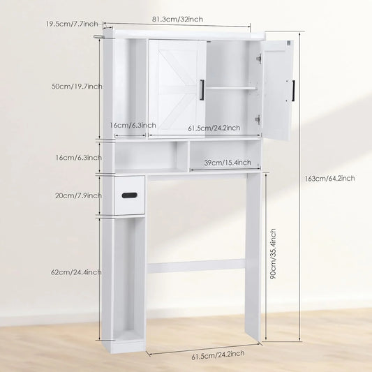 Over The Toilet Storage Cabinet, Farmhouse Bathroom Space Saver Organizer with 2 Barn Doors and Paper Holder Stand, Wooden Toilet Rack for Restroom, Laundry