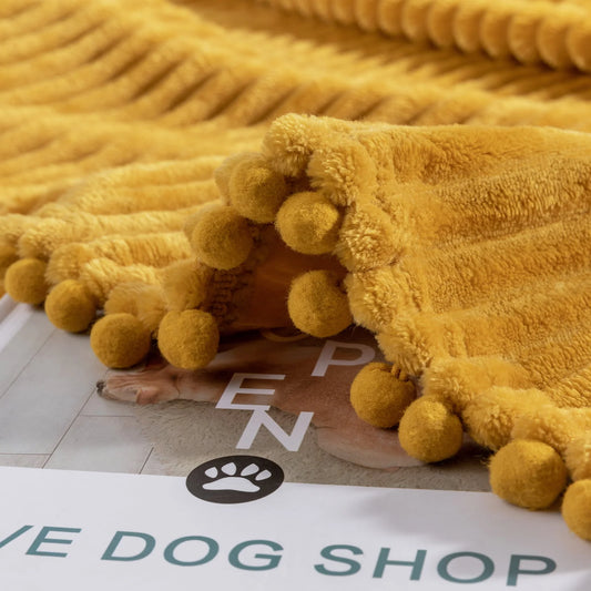 DISSA Flannel Fleece Blanket Soft Large Throw Blanket with Pompom Fringe Lightweight Cozy Plush Blanket Fit Sofa Bed(Mustard Yellow,51x63")