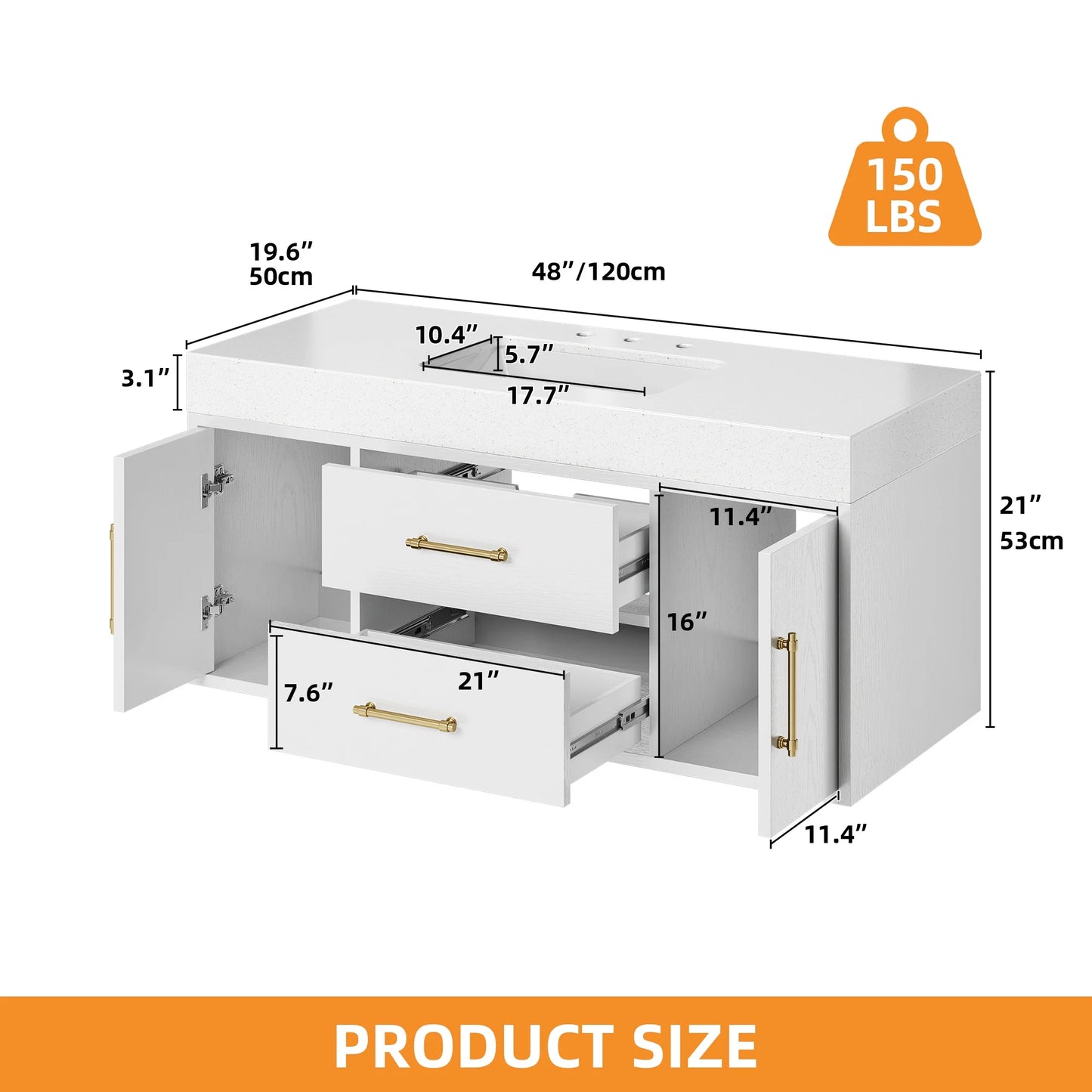 Craftian 48 inch Wall Mounted Bathroom Vanity 2 Doors & 2 Drawers, Floating Bathroom Cabinet, White