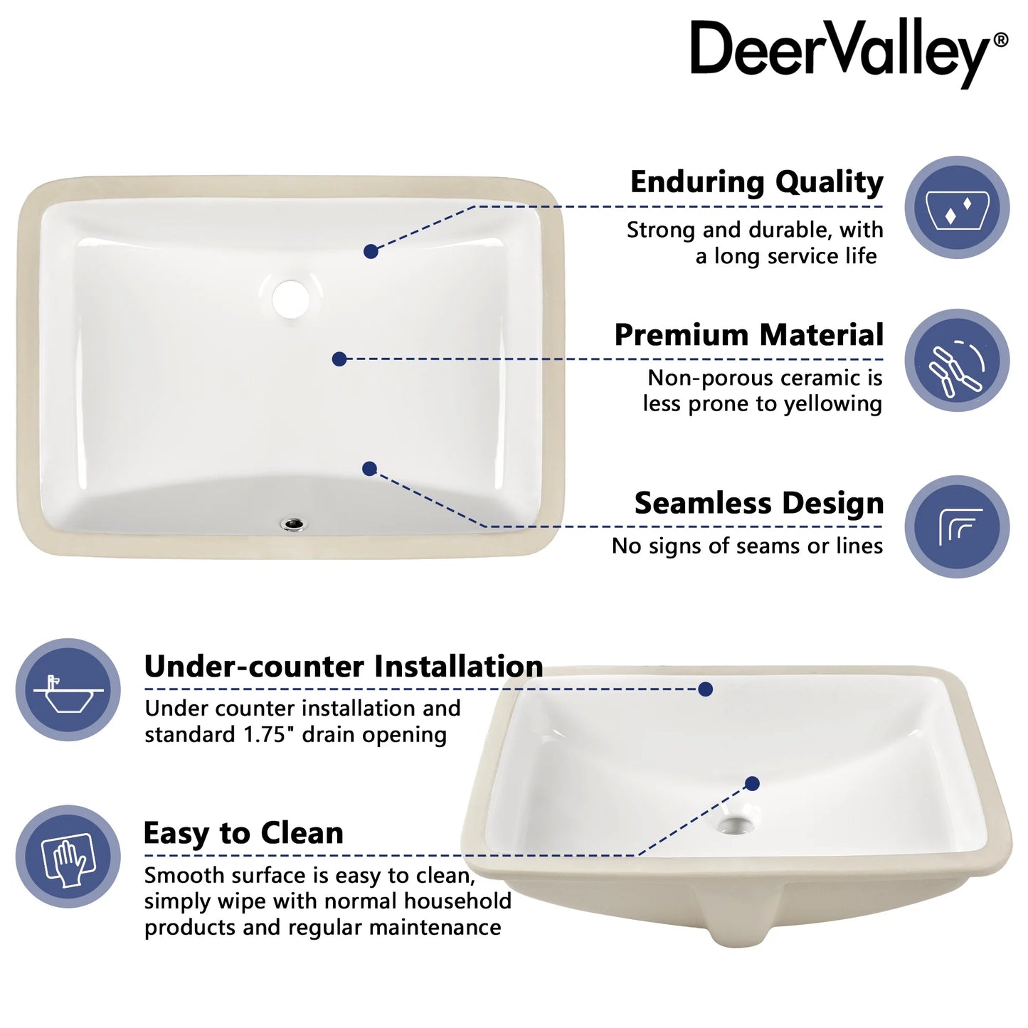 DV-1U0208 DeerValley 24" x 17" White Ceramic Rectangular Undermount Bathroom Sink with Overflow