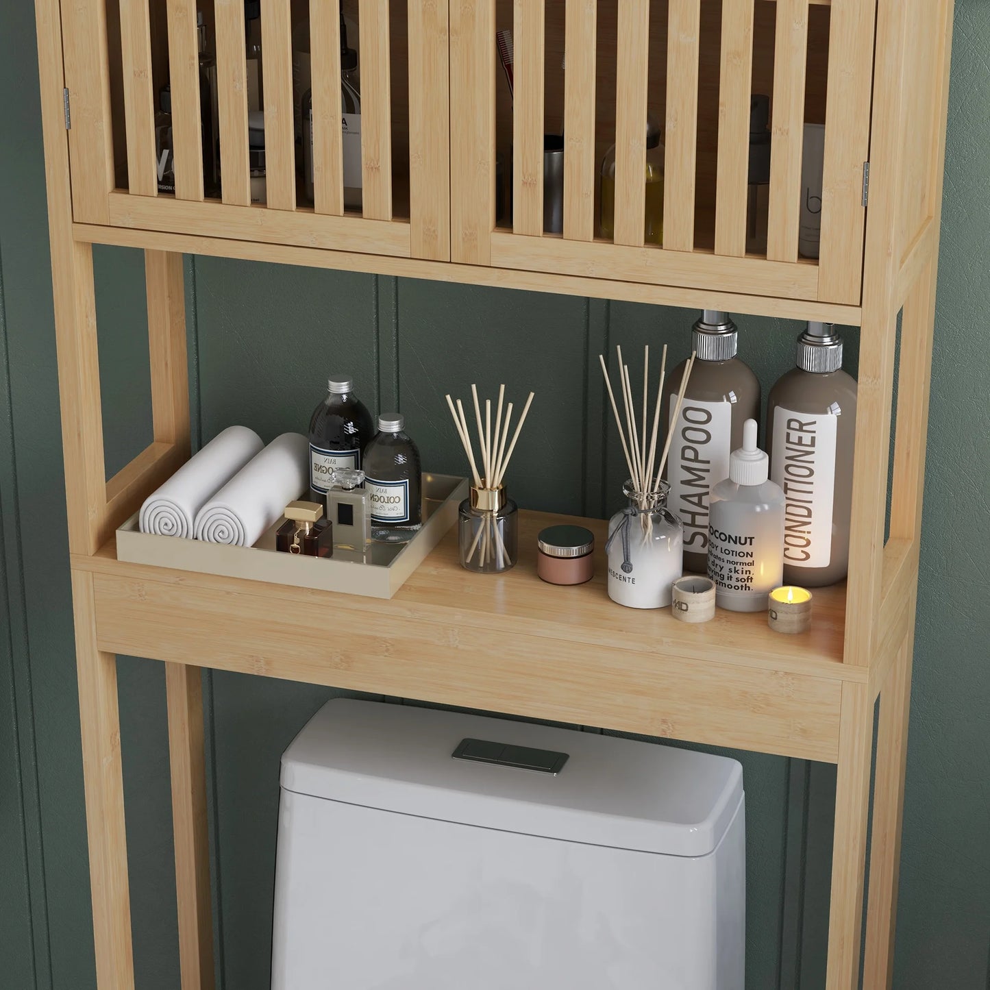 HOMCOM Bamboo Over the Toilet Storage Cabinet, Bathroom Space Saver Above Toilet with Double Slatted Doors, Adjustable Shelf and Open Shelf, Natural