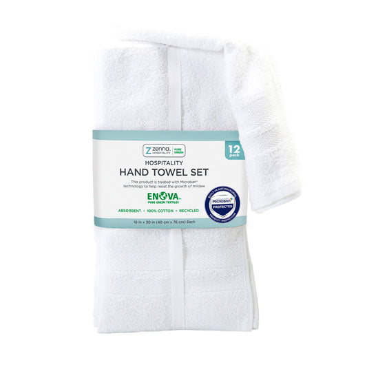 Enova Recycled Cotton Hand Towels for Hospitality and Home, White, Set of 12