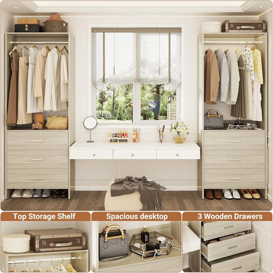 Homieasy Closet System Closet Organizer, Wood Closet Organizer System, Walk-in Closet or Small Closets Wardrobe, Clothes Rack with Hanging Rods, 4FT Closets, Set of 2, White Oak