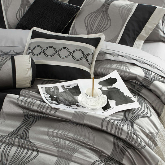 Lanco Black Silver Comforter Set , California King Size , 7 Pieces Fashion Jacquard Bedding Set