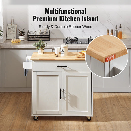 VEVOR Kitchen Island Cart with Solid Wood Top, 35.4" Width Mobile Carts with Storage Cabinet, Rolling Kitchen Table with Spice Rack, Towel Rack, Drop Leaf and Drawer
