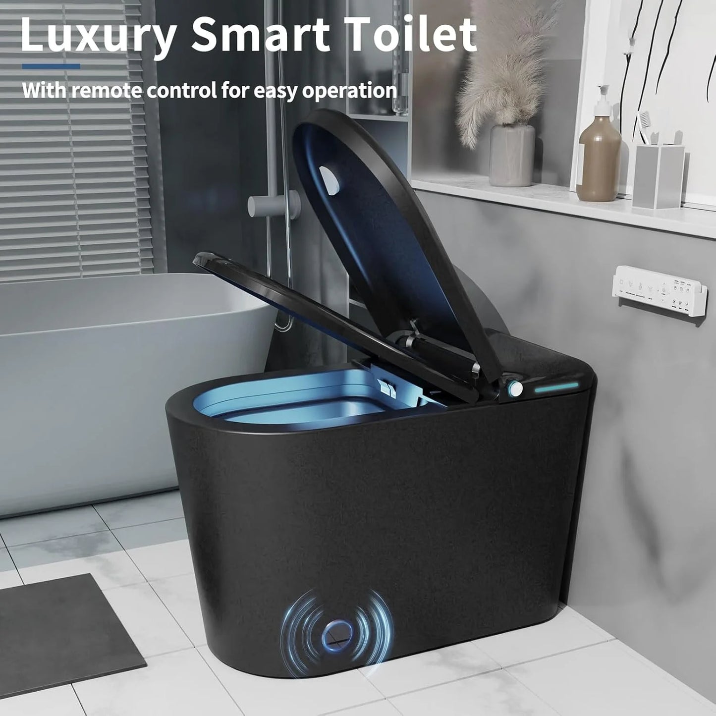 LALAHOO Smart Toilet with Bidet Built in, Auto Open & Close, Elongated Heated seat, Foot Sensor Flush, LED Display, Warm Water Wash, Dryer, Night Light, Black