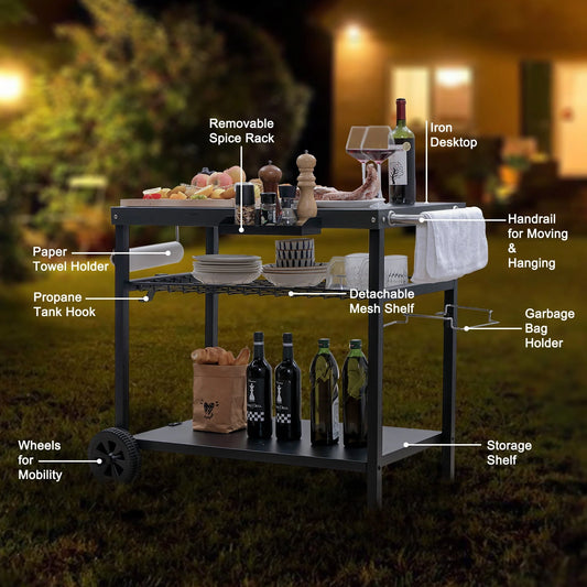 Grill Cart, Pizza Oven Stand, Outdoor bbq Prep Station with Storage, Wheel, Hook, Handle, Black Steel Tabletop, Garbage Bag Holder, Paper Towel Holder, Movable Spice Rack