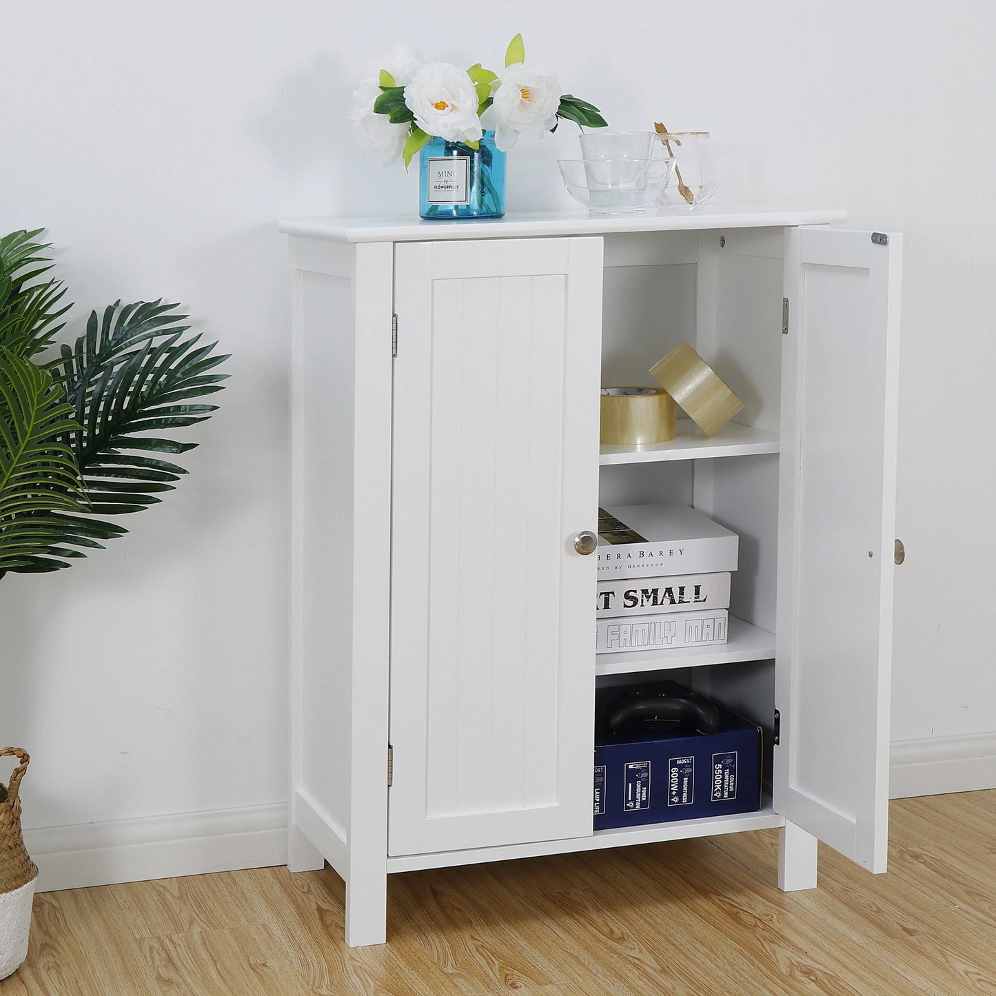 HomGarden 2-Door Bathroom Floor Storage Cabinet Side Cupboard W/Adjustable Shelves, 11.8'' W, White