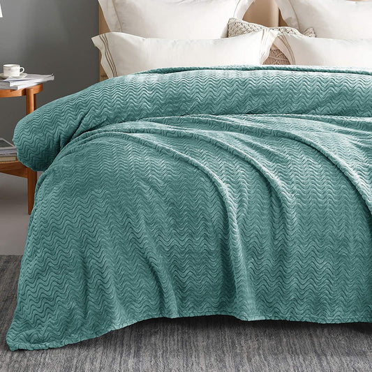 Exclusivo Mezcla King Size Jacquard Weave Wave Pattern Flannel Fleece Velvet Plush Bed Blanket as Bedspread/Coverlet/Bed Cover (90" x 104", Celadon) - Soft, Lightweight, Warm and Cozy