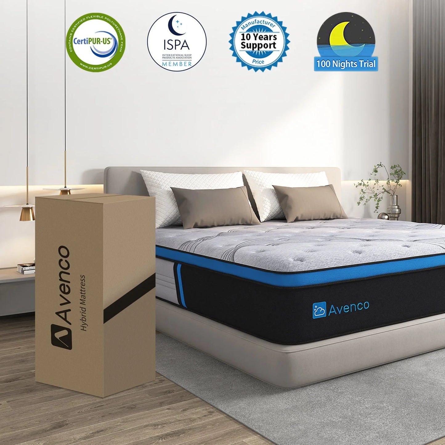 Avenco Queen Size Firm, 12-Inch Hybrid Mattress in a Box, Innerspring and Gel Memory Foam, Gray, Pillow Top