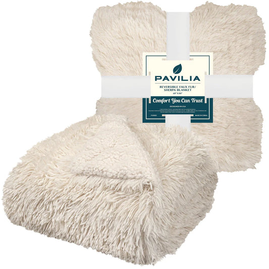 PAVILIA Soft Fluffy Faux Fur Bed Blanket, King, Cream Beige, Shaggy Furry Warm Sherpa Blanket Fleece Throw for Sofa, Couch, Decorative Fuzzy Plush Comfy Thick Throw Blanket, 90x108