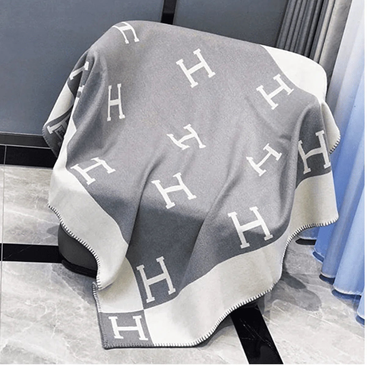 Gray Merino Wool Blanket, Cashmere Plaid Throws 67" x 53"