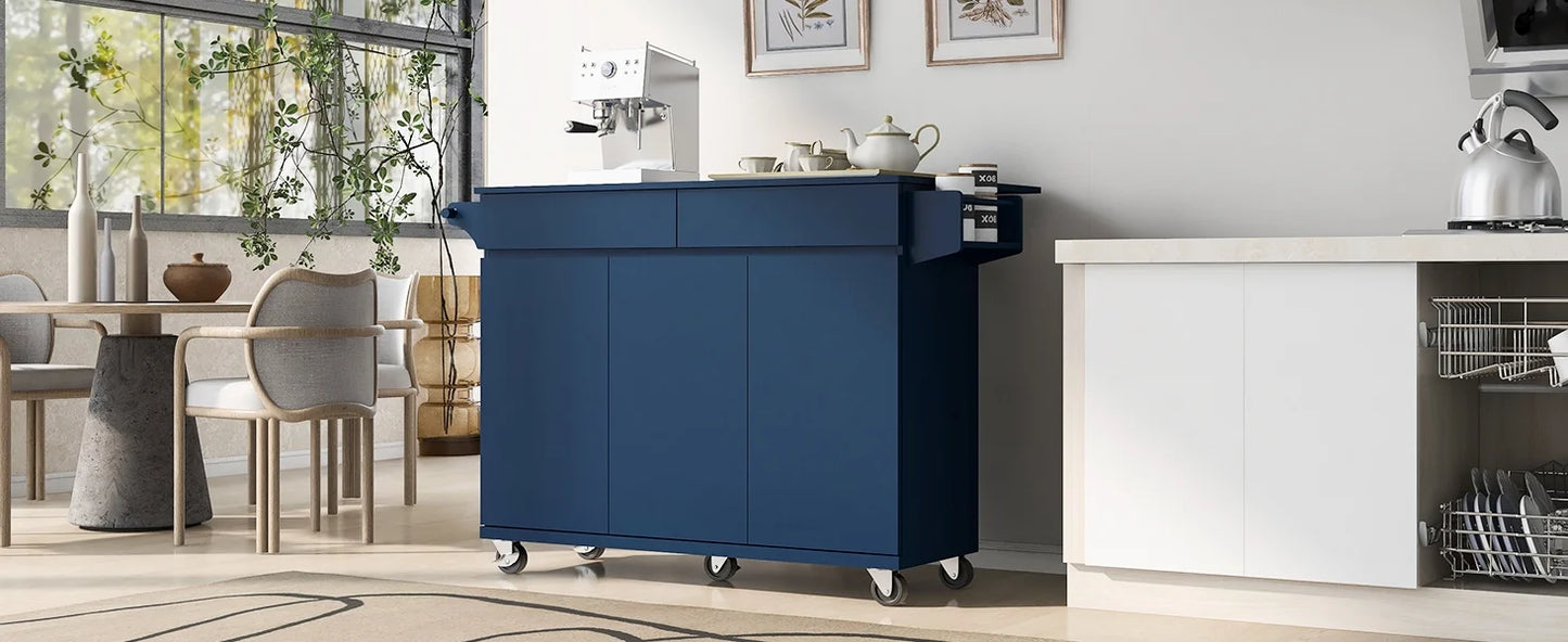 53.2'' Kitchen Island with Drop Leaf, Kitchen Storage Cart with Spice Rack, Towel Rack and 2 Drawers, Rolling Kitchen Island on Wheels with Adjustable Shelves, Navy Blue