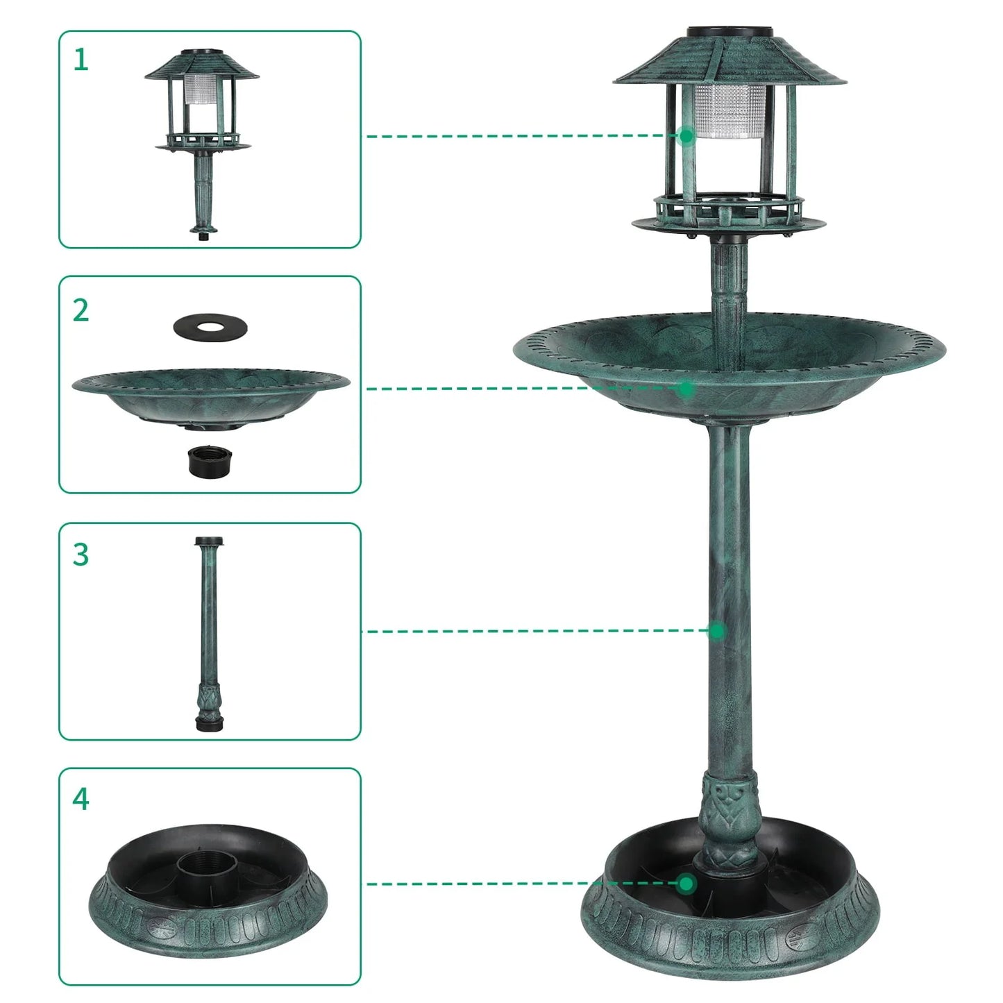 UBesGoo Bird Bath Dark Green 42 Inch w/Solar Light Antique Copper Weather Resistant Birdbaths