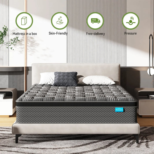 Nisien Black 10 inch Queen Mattress, Cooling Gel Memory Foam Hybrid Mattress in a box, Queen, Medium,Euro Top