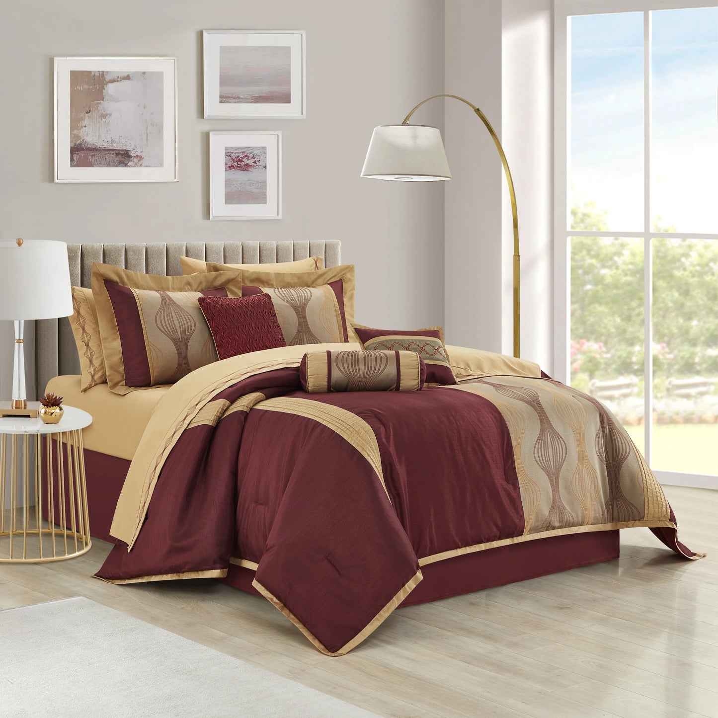 Lanco Elegant Black and Gold Comforter Set,Striped, 7 Pieces Jacquard Bedding Sets with Comforter for All Season, Bed Skirt, Pillows & Shams, Queen Size, Lightweight Microfiber