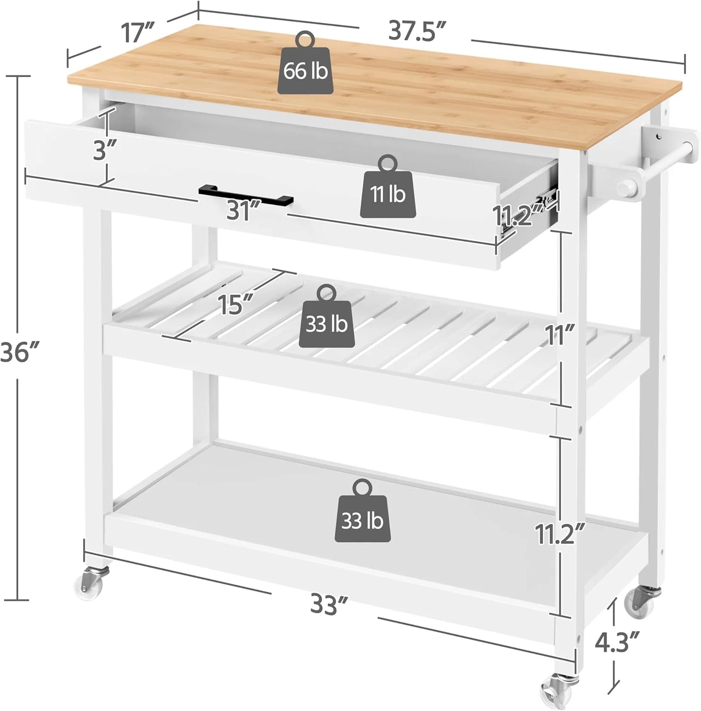 Hyxoo Kitchen Island Cart on Wheels with Bamboo Tabletop, 3-Tier Rolling Kitchen Island Microwave Cart with Drawer, Detachable Towel, 3 Hooks40"W x 20"D x 36.5"HEspresso