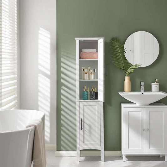 Ktaxon Bathroom Storage Cabinet Narrow Tall, Freestanding Cabinet Storage Tower with 2 Door, White