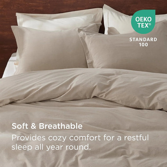 100% Washed Cotton Duvet Cover Queen Size - Warm Sand Minimalist Duvet Cover Linen Like for All Seasons - GentleSoft Plain Simple Bedding