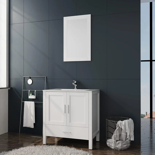 Goodyo 30" White Bathroom Vanity and Sink Combo Modern Drop in Sink Bathroom Cabinet with Mirror and Drain