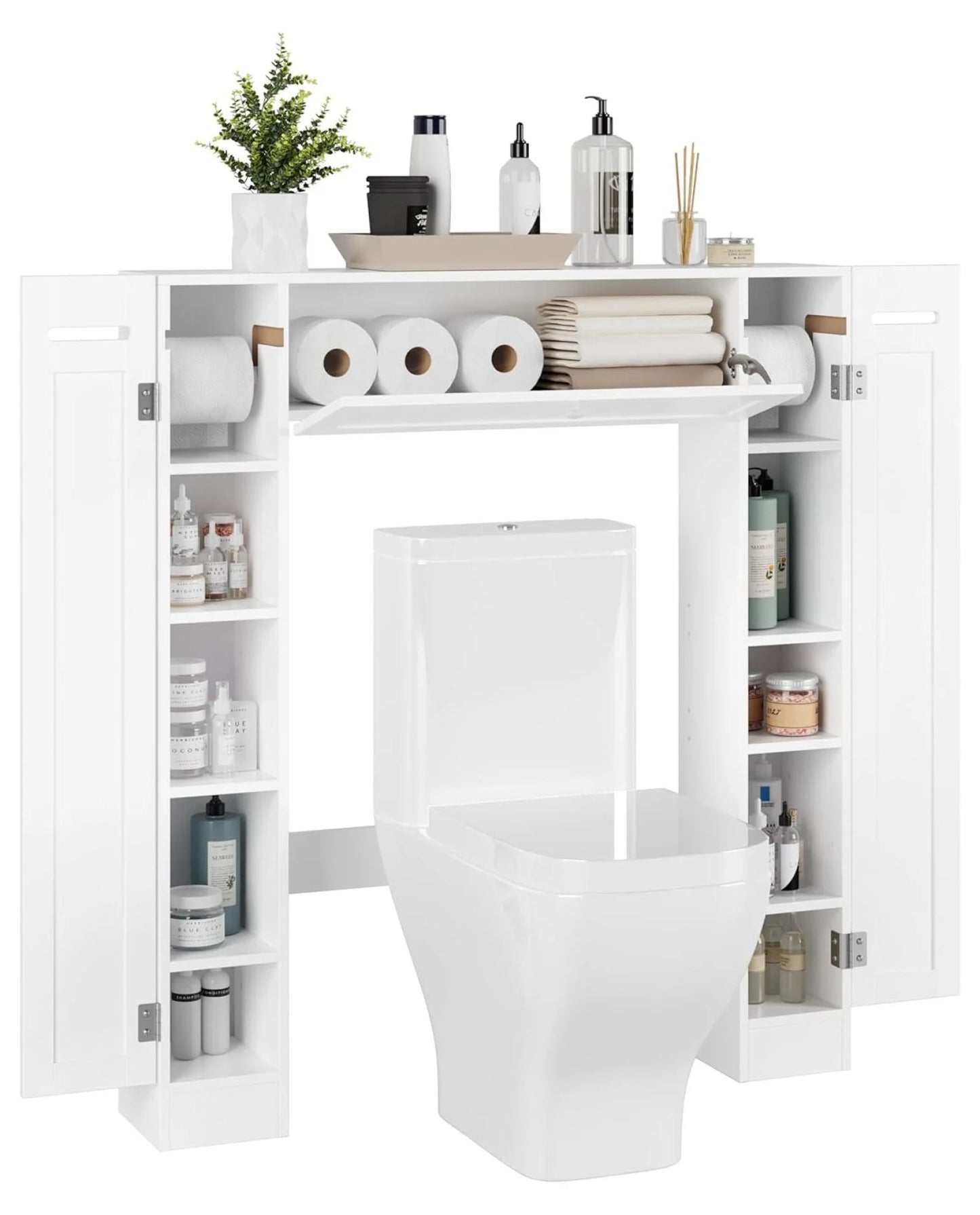 Over The Toilet Storage Cabinet, Bathroom Space Saver with Paper Holder and Adjustable Shelves, Freestanding Toilet Cabinet Organizer with 2 Side Doors and Pull-Down Door, White