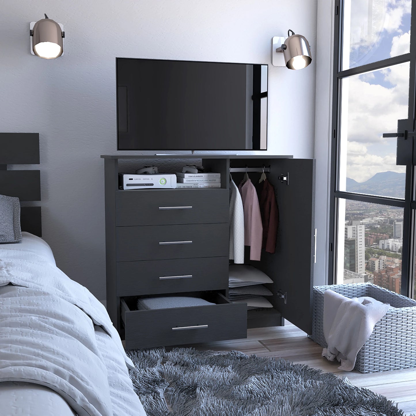 DUOSONG Alyn Dresser, Four Legs, Four Drawers, One Double Drawer, Superior Top -Dark Brown Brown Particle Board Furniture Bedroom Furniture Dressers, Chests & Wardrobes