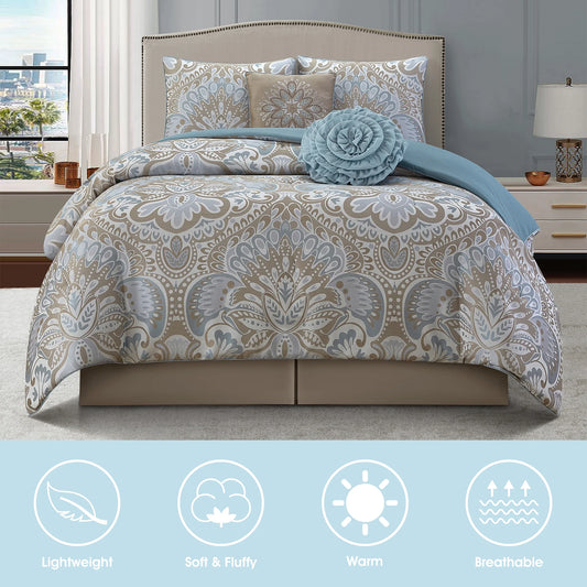 Lanco Luscious Diane 6-Piece Reversible Comforter Bedding Set, California King, Blue Gold, Fill Material Polyester, Floral