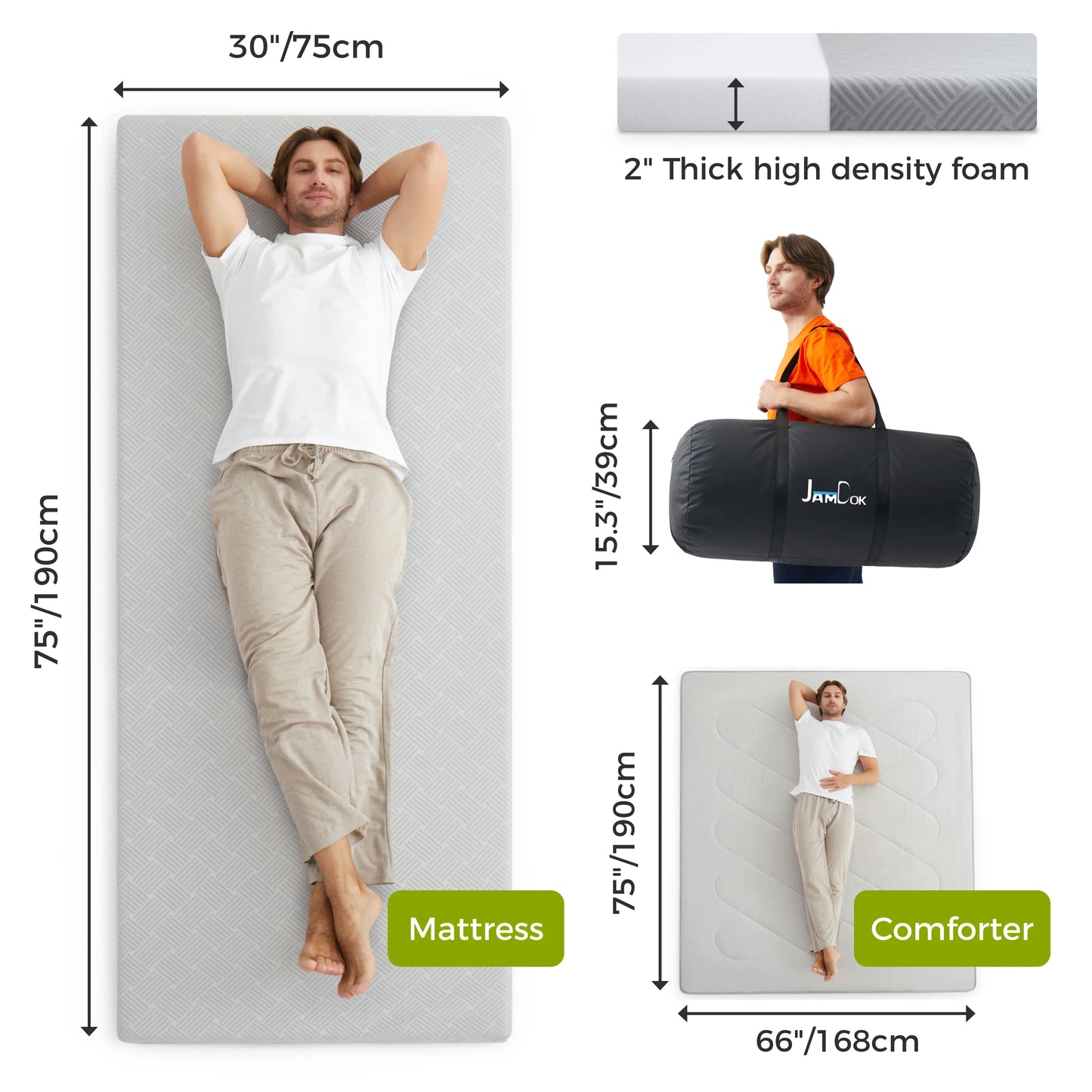 Jamdok Camping Mattress for Hot Sleeper, Waterproof Cooling Cover, Roll Up Foam Sleeping Pad with Storage Bag,Cot Mattress Topper for Summer Camping, Hiking,Car,Tent,Travel(75 x 30 x 2 inches)