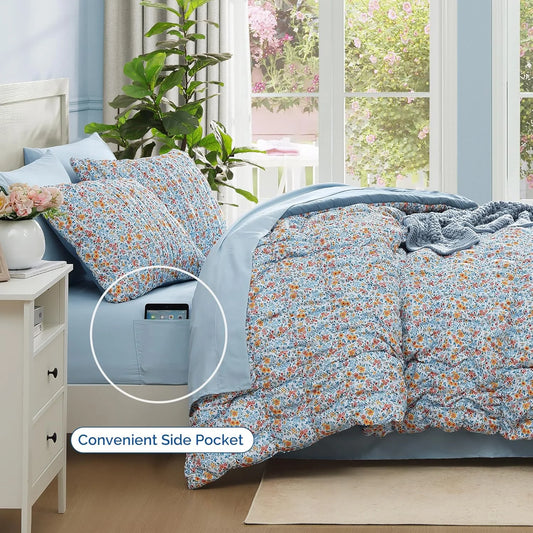 7 Pieces Blue Classic Puff Floral Bedding Sets for All Seasons, Shabby Chic Farmhouse Bed in a Bag Queen with Wildflowers Fluffy Comforter, Sheets, Pillowcases & Shams