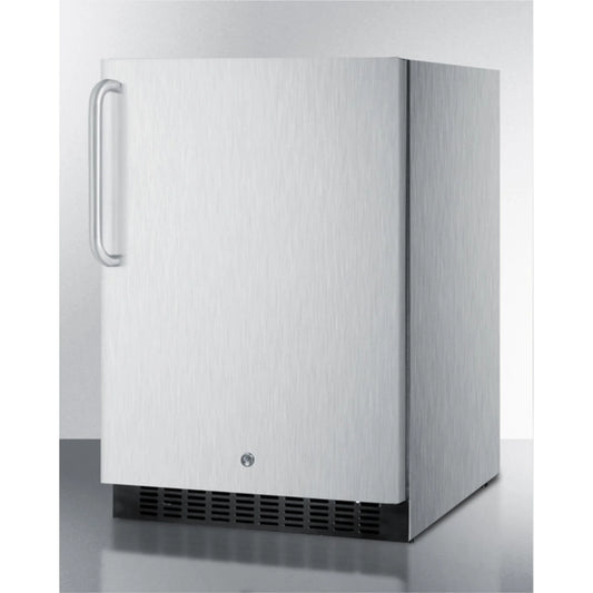 Outdoor all-refrigerator for built-in use, with lock, digital thermostat, towel bar handle, and stainless steel wrapped exterior