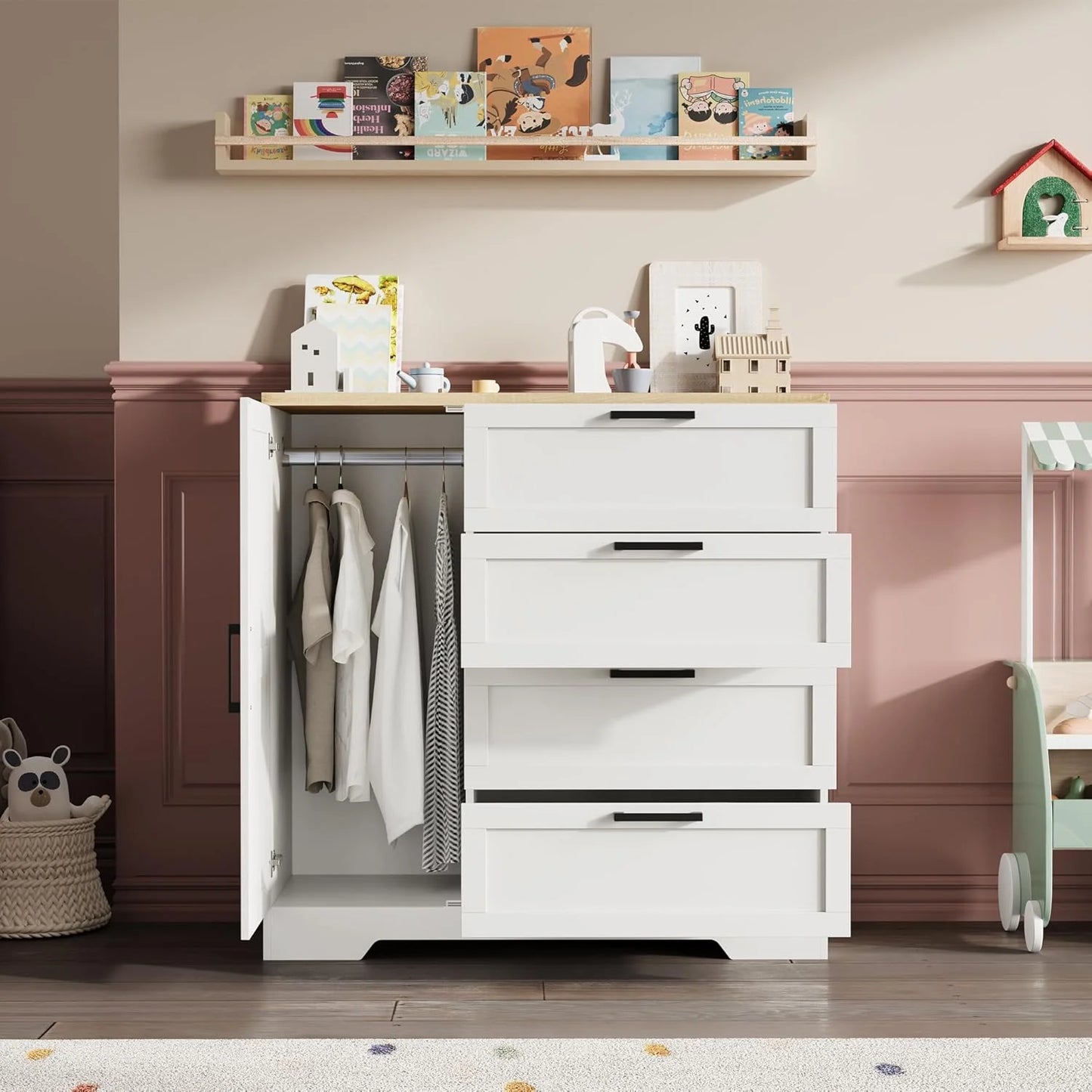 43.3" H Armoire Wardrobe Closet with 4 Drawers & Hanging Rod, Multifunctional Wood Storage Cabinet for Bedroom, Natural Oak