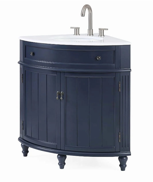 Tennant Brand 24" Navy Blue Corner Bathroom Vanity with White Quartz Top