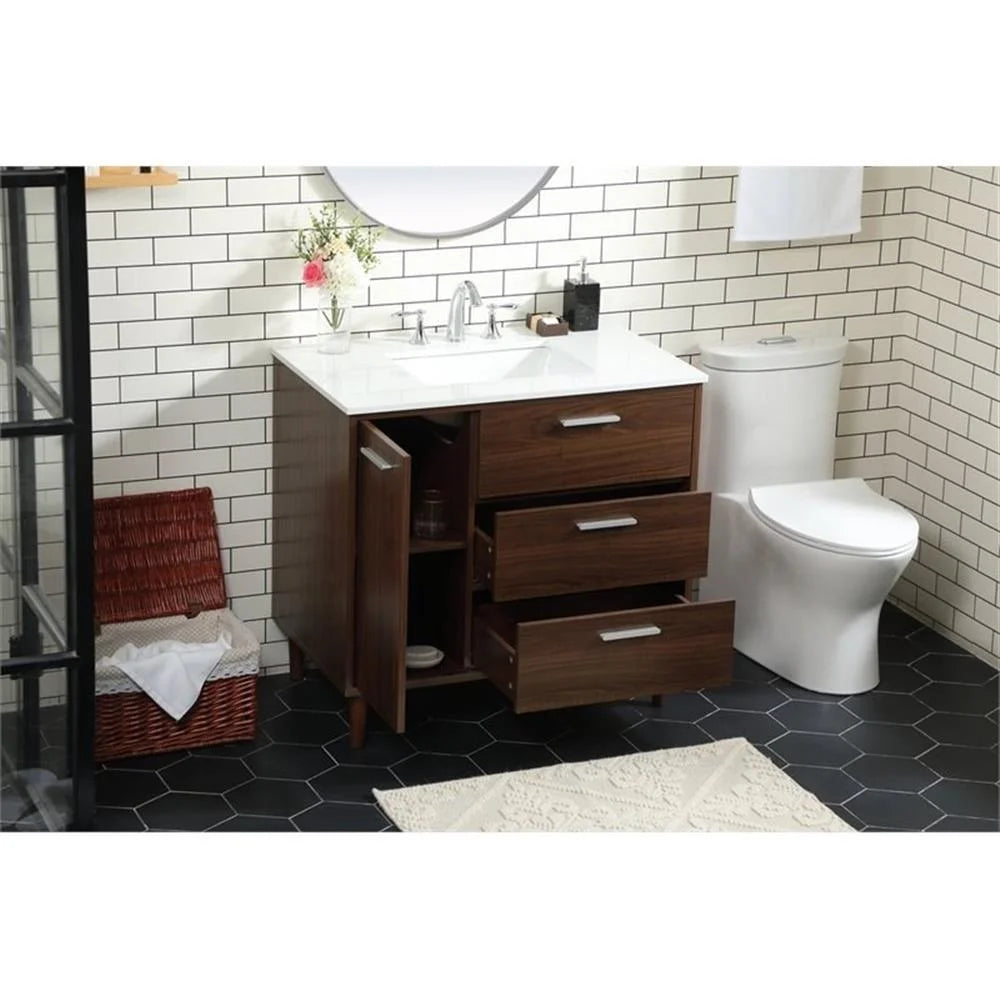 Elegant Decor Baldwin 36" Solid Wood and MDF Bathroom Vanity in Walnut