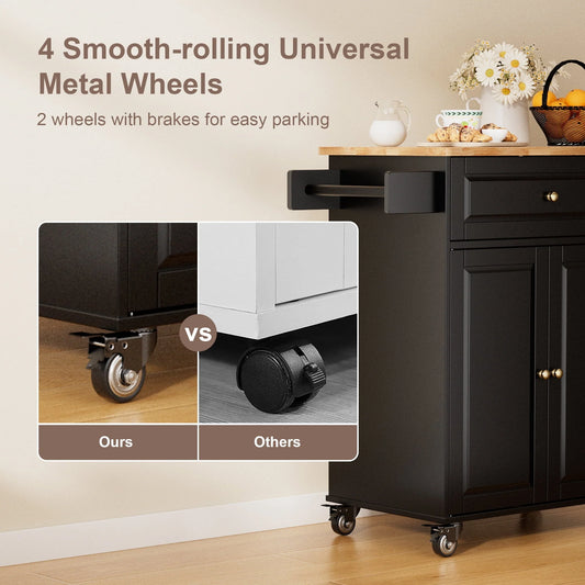 Kitchen Island with Storage on Wheels, Microwave cart with Spice Rack, Towel Rack & Drawer, Black