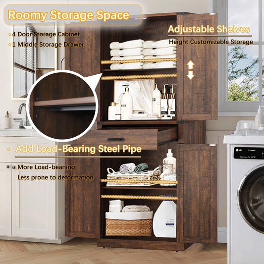 72.4'' Tall Bathroom Storage Cabinet with Drawer & 4 Storage Shelves, Rustic Farmhouse Linen Cabinet with Load-Bearing Steel Pipe & 4 Doors for Bedroom Living Room Kitchen Art/Craft Room