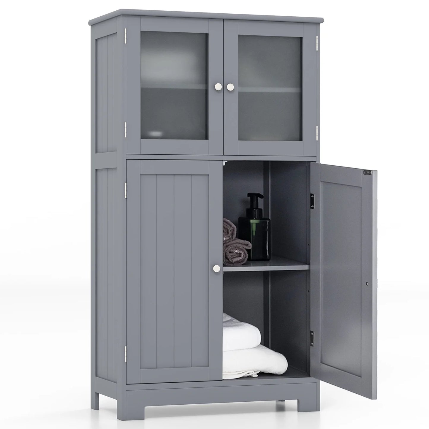 Topbuy Bathroom Storage Cabinet Freestanding Storage Cabinet w/4 Doors Wooden Kitchen Cupboard w/Adjustable Shelf