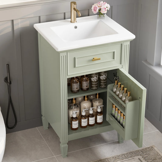 Euroco 20" Bathroom Vanity with Integrated Ceramic Sink, Soft-Close Hinges and Drawer Storage, Solid Wood Legs