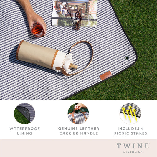 Twine Picnic Blanket - Waterproof Outdoor Blanket , Navy/White Striped 6pc