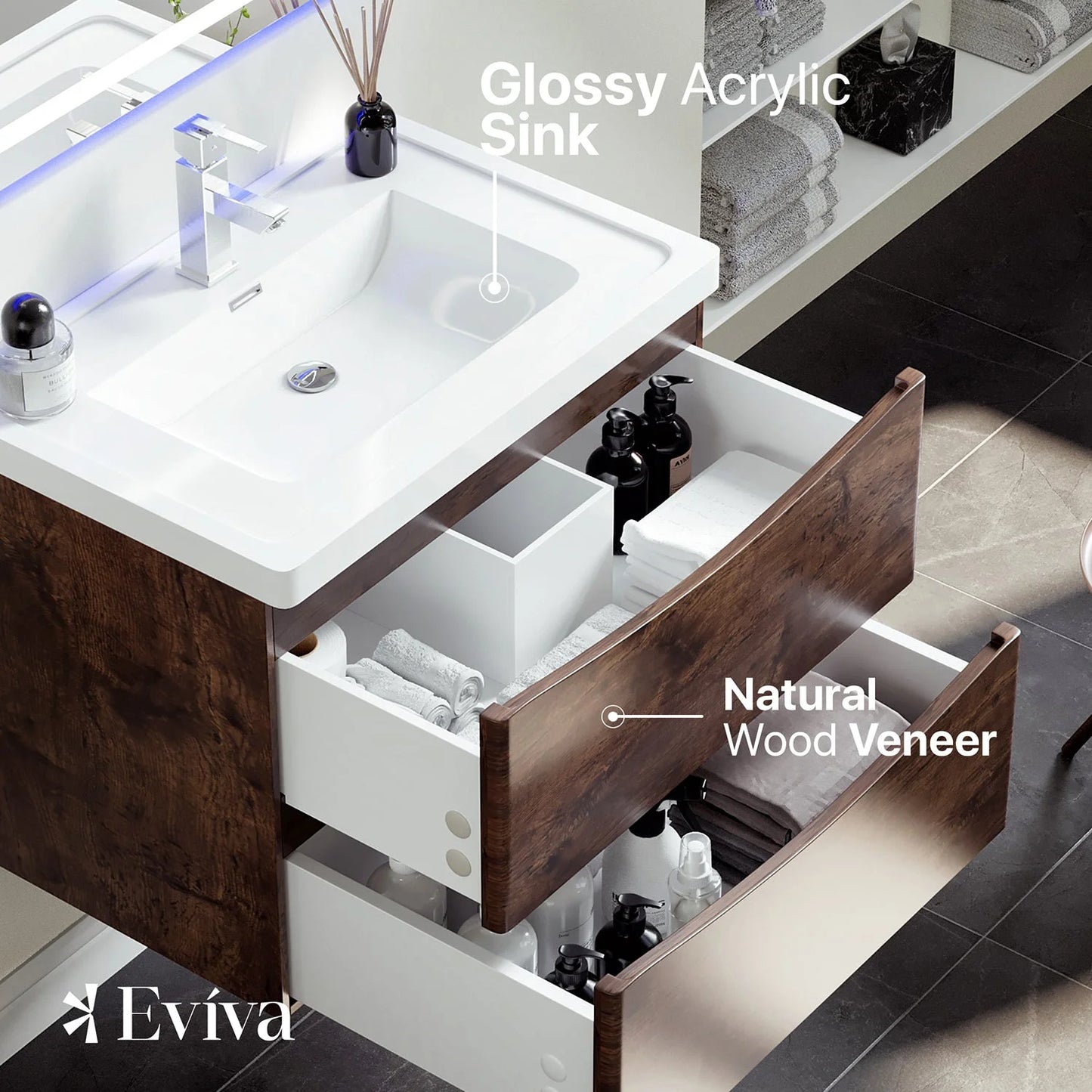 Eviva Smile 30" White Oak Wall Mount Modern Bathroom Vanity w/White Integrated Top