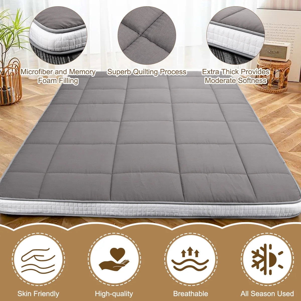 CshidWorld Japanese Floor Mattress, Futon Mattress w/Storage Bag & Washable Cover, Roll up Floor Mattress 4° F Thick Tatami Mattress Quilted Bed Mattress Topper for Dorm, Guest Room, Gray, Queen