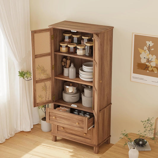 Kitchen Pantry Storage Cabinet with 2 Rattan Doors and 2 Adjustable Shelves, 64" Tall Farmhouse Food Pantries Cabinet for Living Room, Dining Room, Bathroom