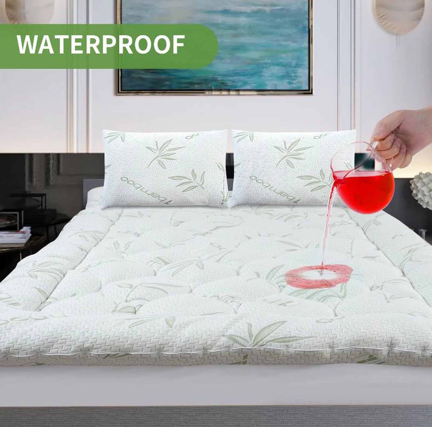 ZuoZuoMing Bamboo Mattress Topper 1000GSM with 1 Pillow Protector& Eye Mask, Side Pocket, Waterproof Mattress Protector, Cooling Extra Thick Breathable Mattress Pad Cover,8-21° Deep